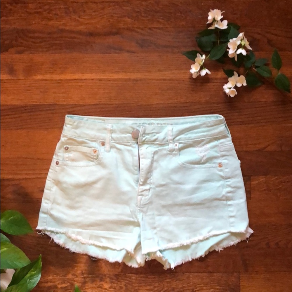 Mint green denim shorts, AEO, size 8.
